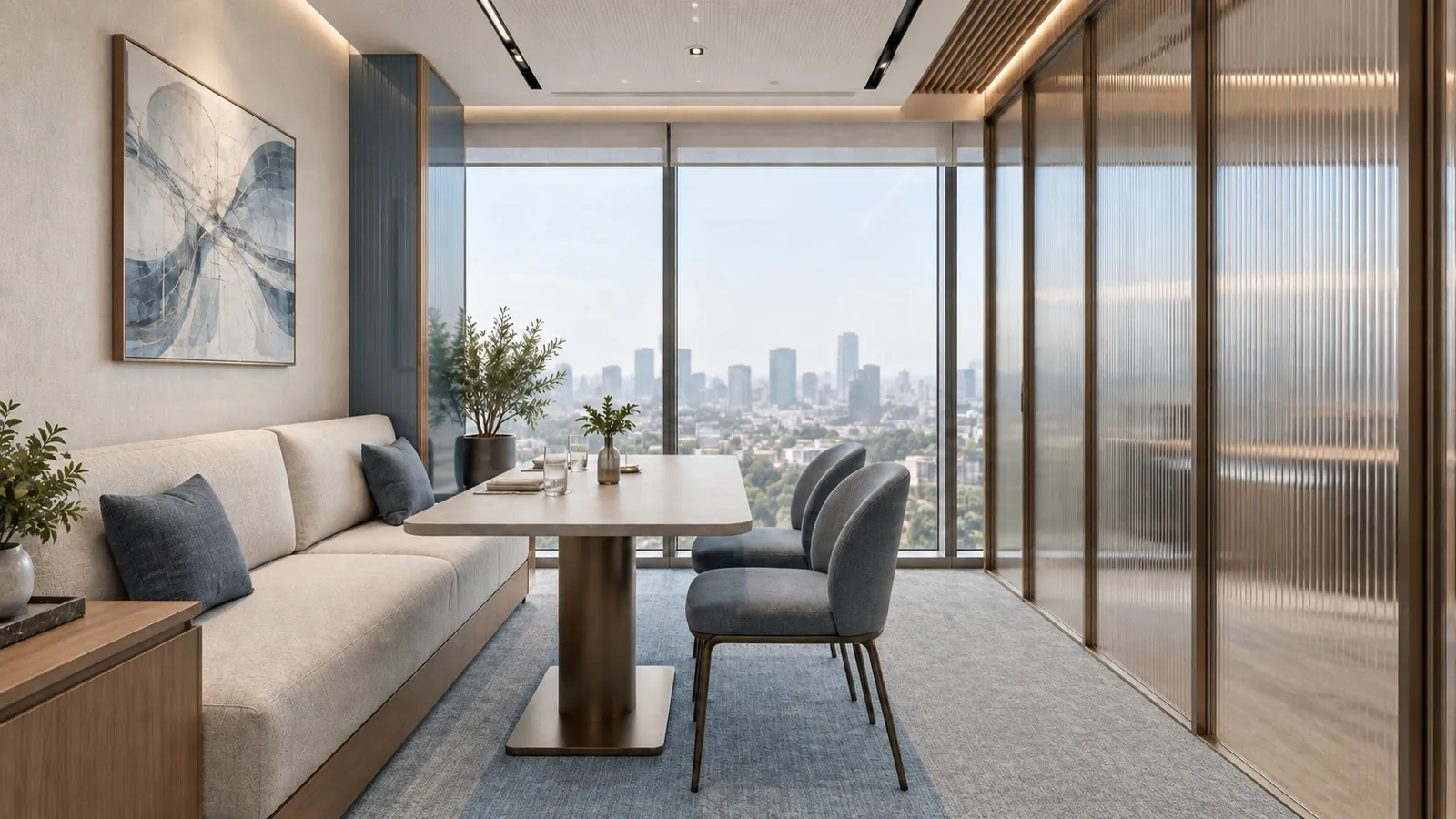 Private client lounge with banquette seating, a dining table and fluted glass screens