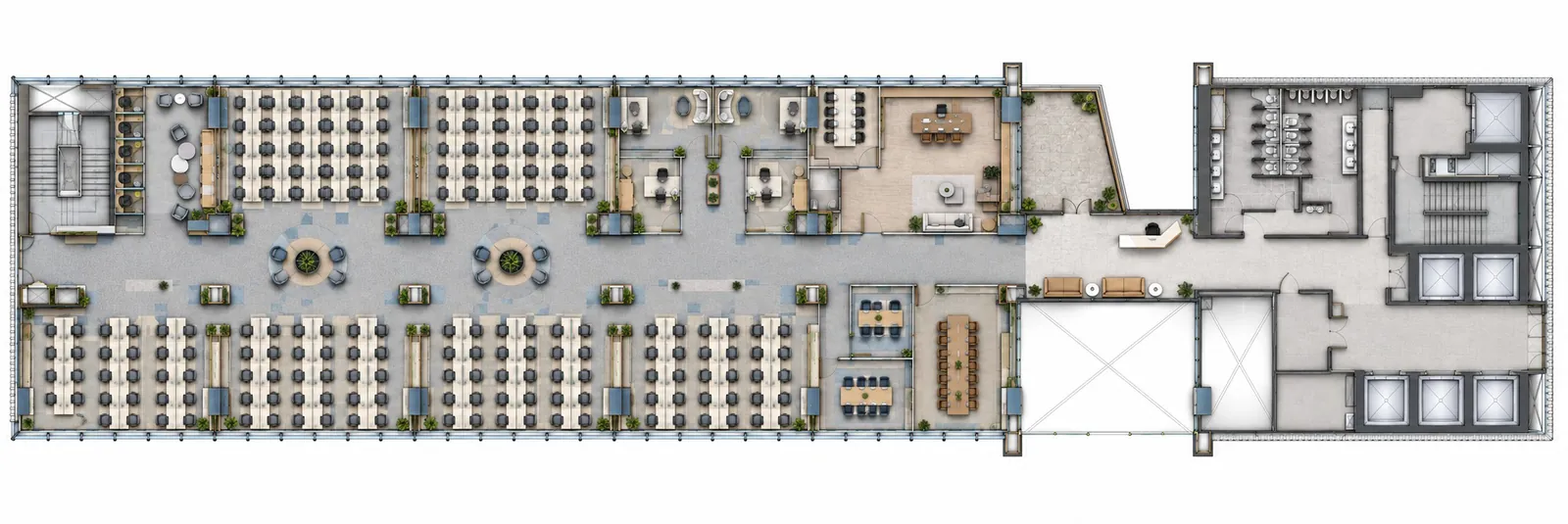 Rendered floor plan showing two bands of workstations either side of a central gallery