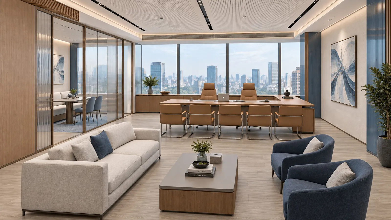 Managing director's office with a meeting table, lounge seating and city views