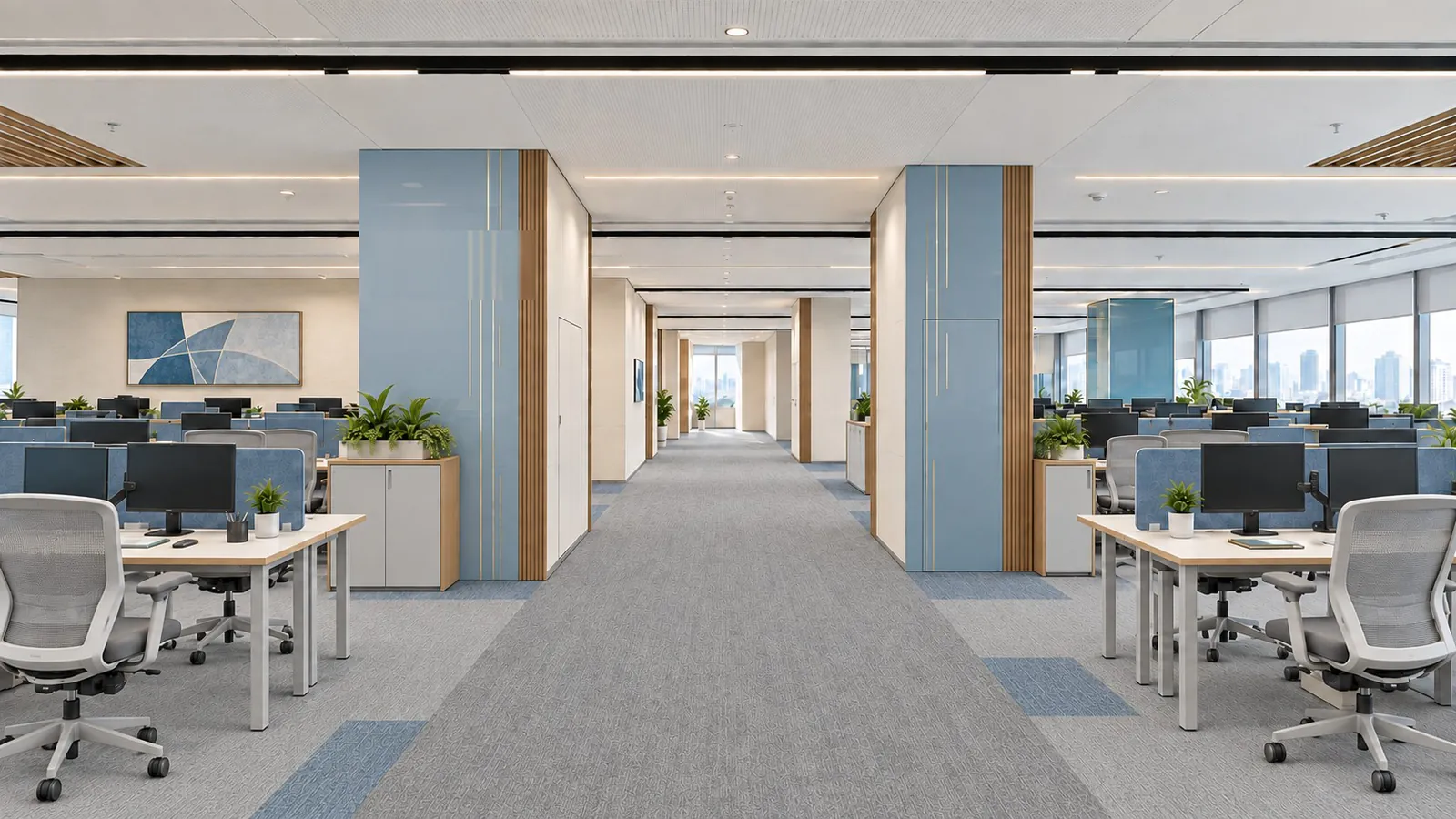 Open-plan office workstations either side of a wide central circulation gallery
