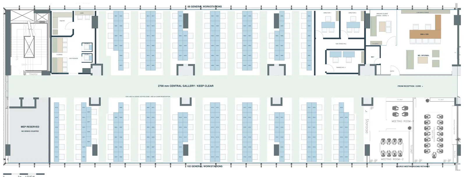 Annotated office plan numbering every workstation and marking the central gallery