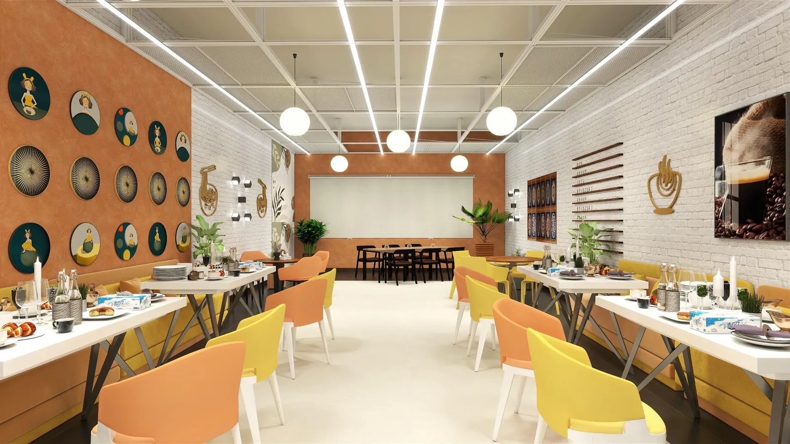 Office cafeteria with long tables, coloured chairs and a terracotta wall of ceramic plates