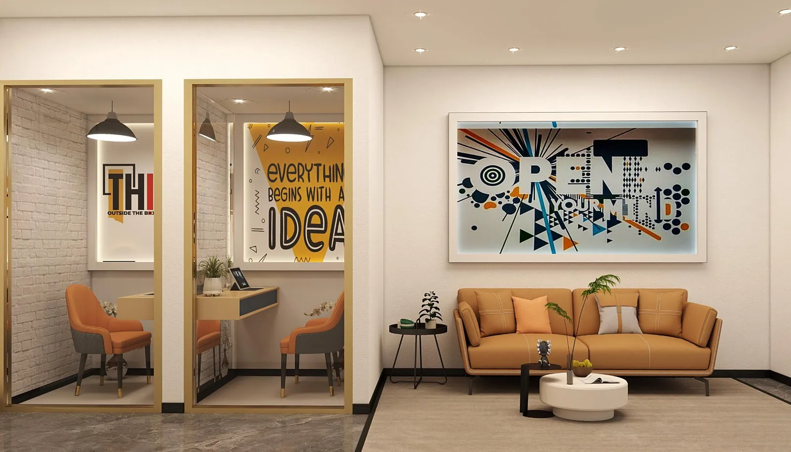 Two enclosed single-person calling pods beside a breakout sofa and graphic art
