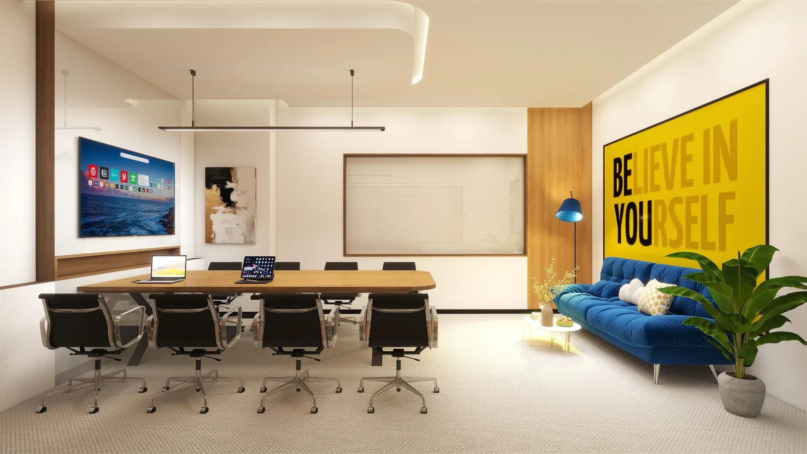 Collaboration room with a meeting table, writing wall and a sofa under a yellow graphic