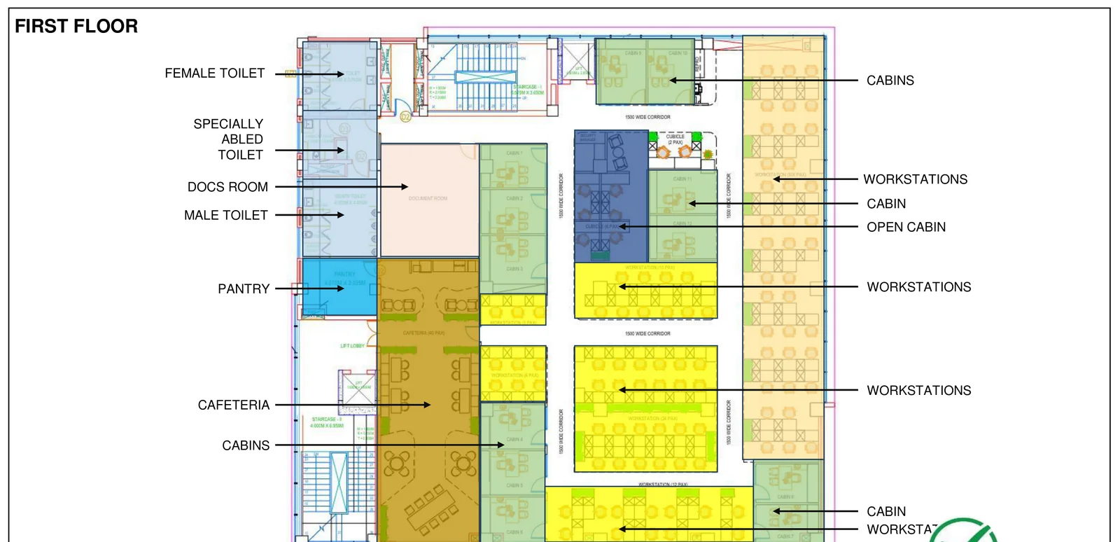 Annotated first floor office plan marking cabins, workstation blocks, cafeteria and pantry