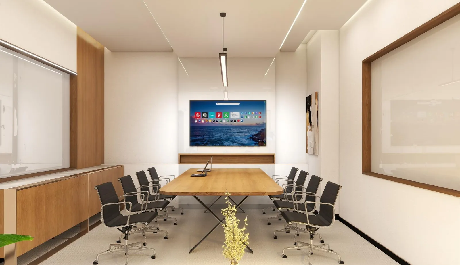 Meeting room with a ten-seat table, linear pendant and a wall-mounted screen