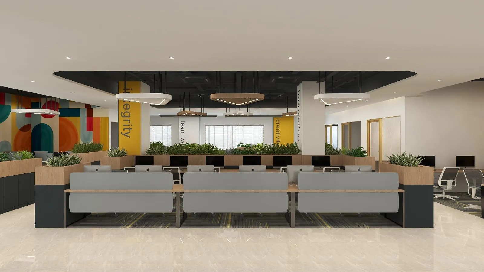 Open-plan workstation blocks with planter-topped storage between the rows