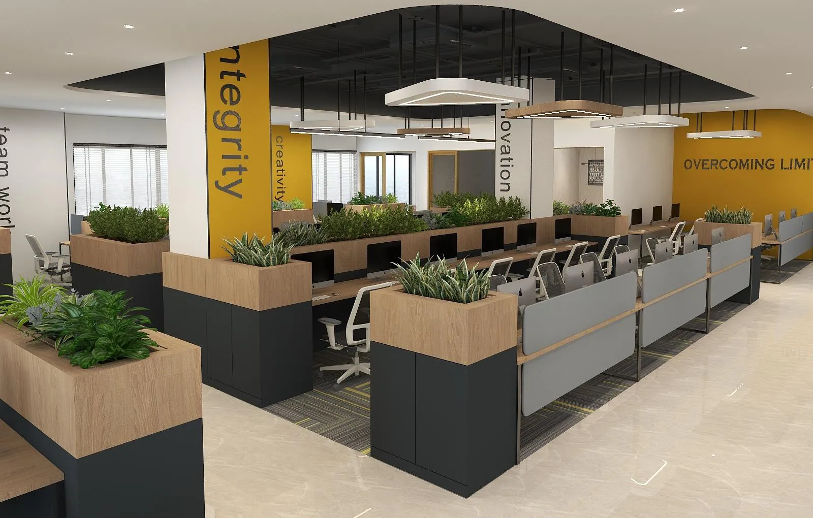 Open-plan office with yellow graphic walls carrying single words across the floor