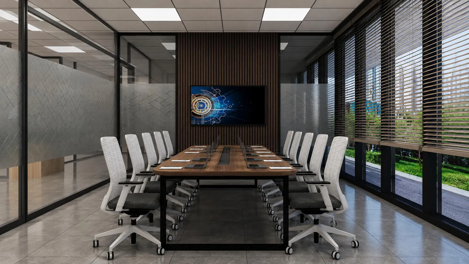 Sixteen-seat conference room with a timber-panelled screen wall and glazing to one side