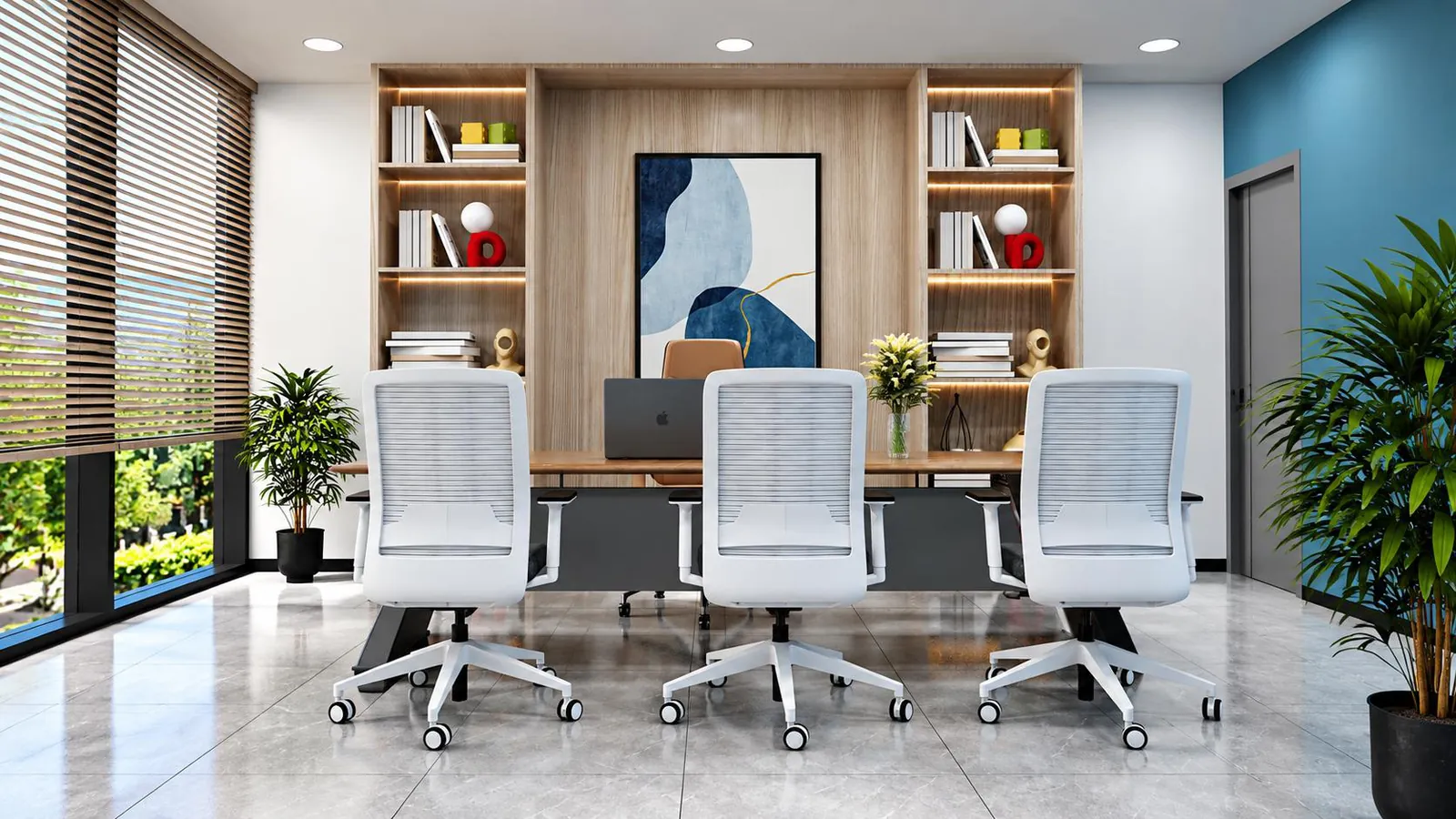 Director's cabin with a desk, three visitor chairs and a display unit behind