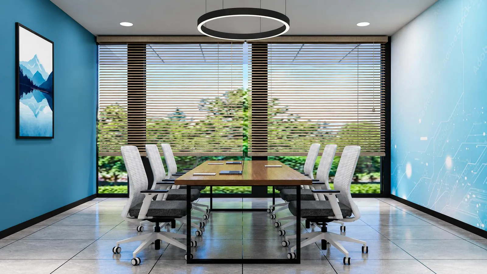 Eight-seat discussion room with a ring pendant light and blinds on the window wall