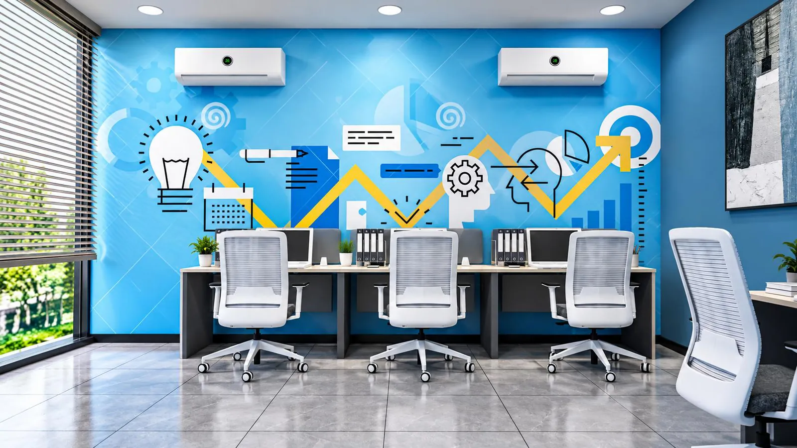 Dispatch office workstations facing a window onto the yard with a graphic wall behind