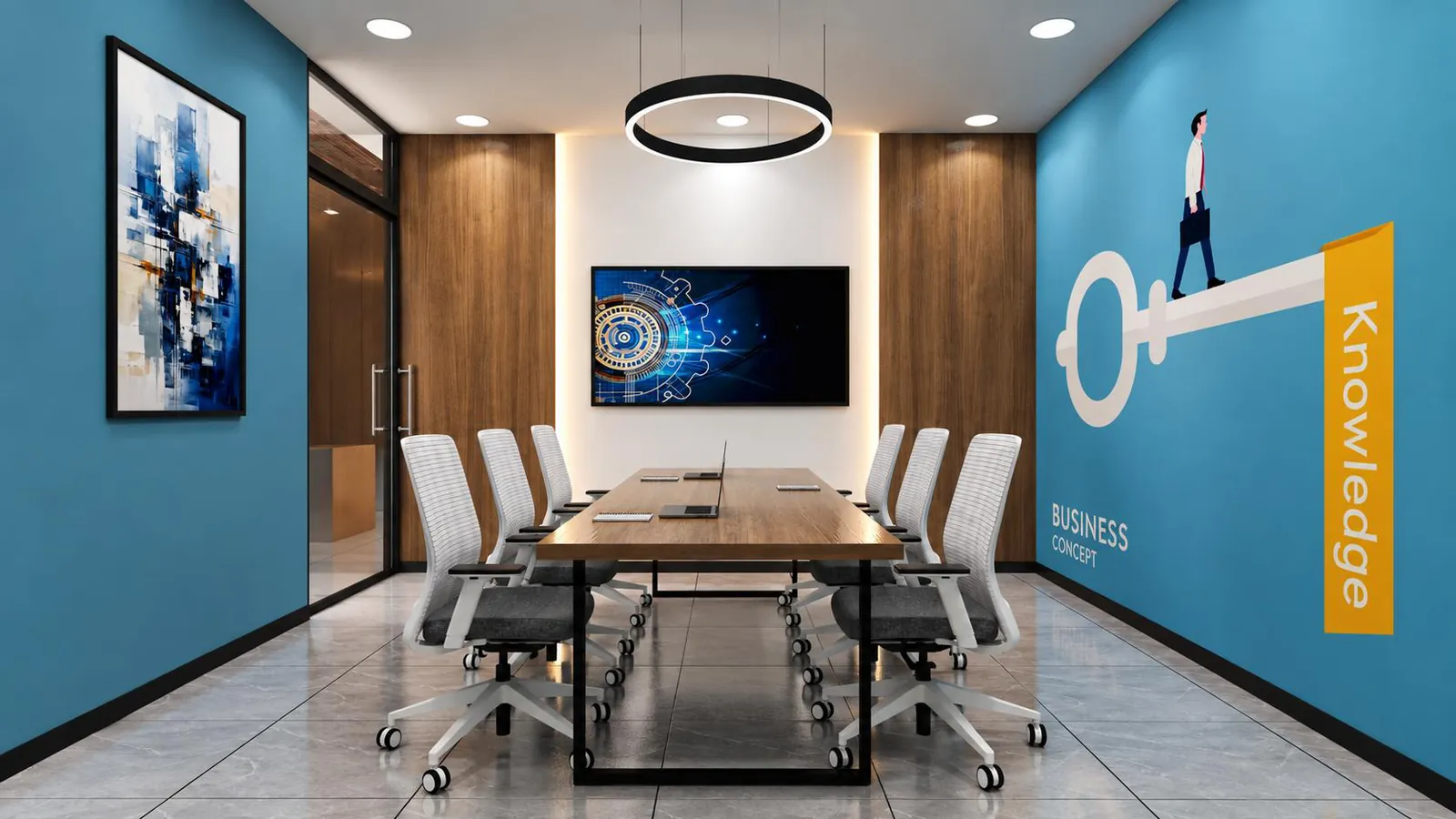 Ten-seat meeting room with a wall-mounted screen and graphic accent wall