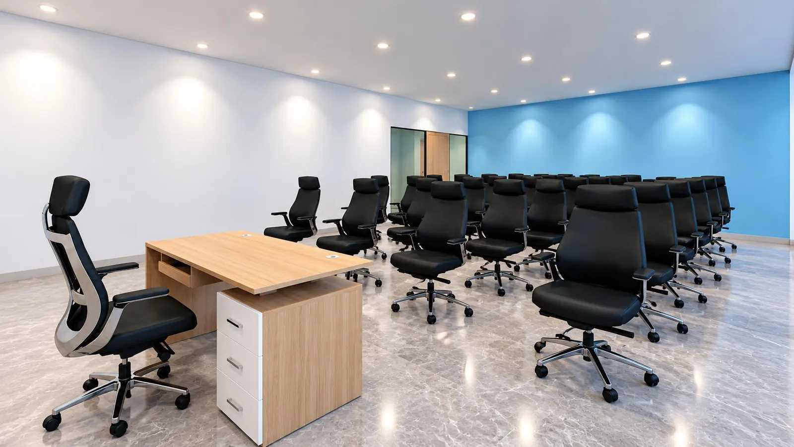 Training room laid out in rows of chairs facing a presenter's desk