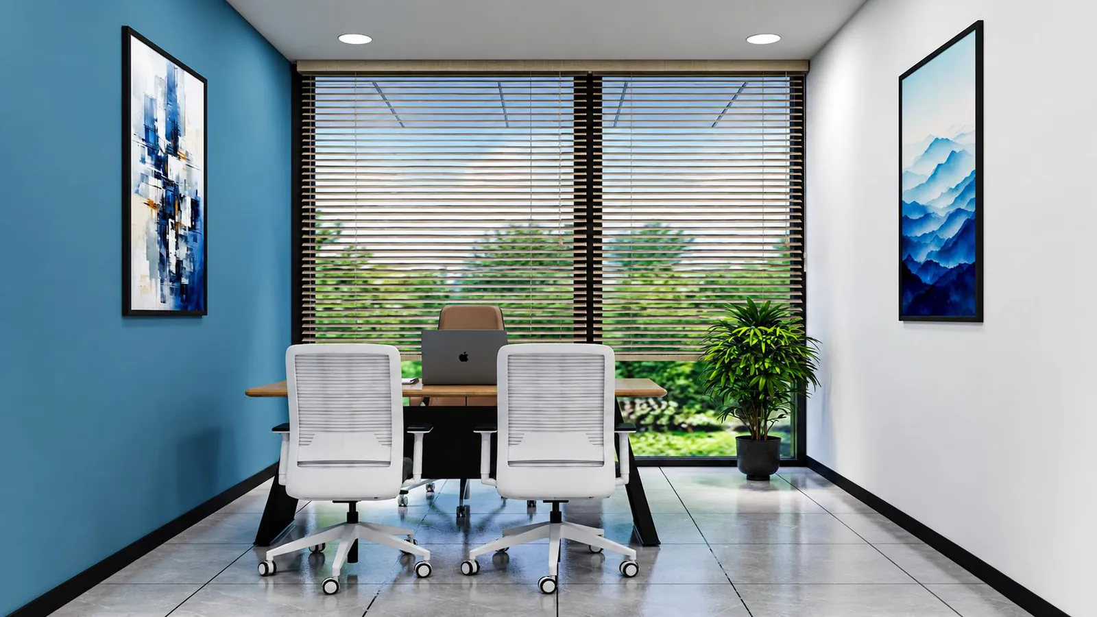 Small war room with a six-seat table, screen and window blinds