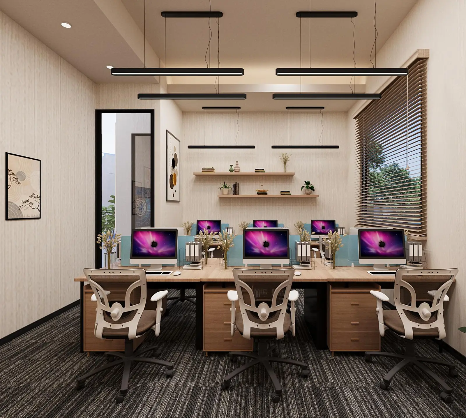 Nine-desk sales workstation bay with linear pendant lights and display shelving