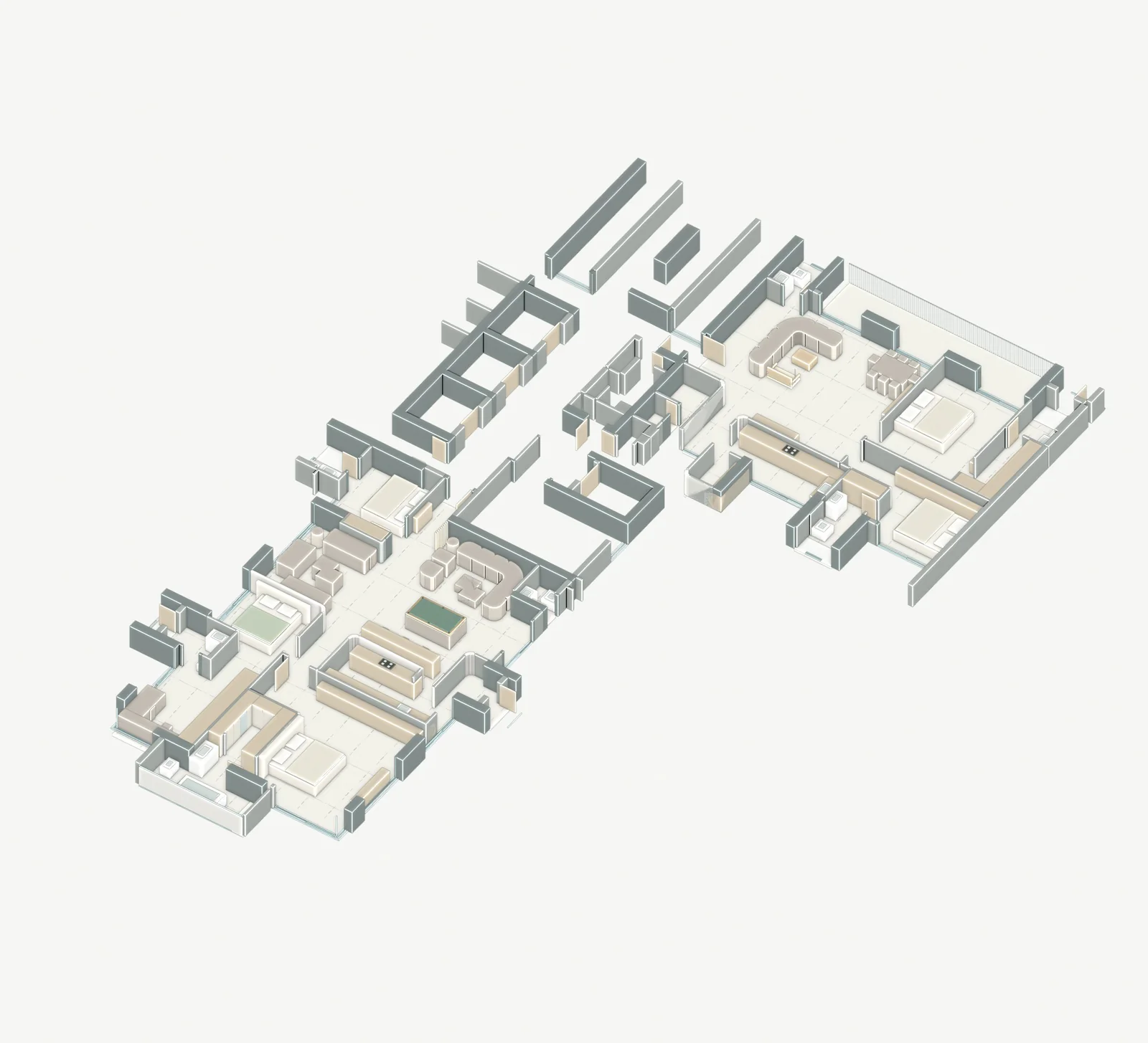 Axonometric study of the whole floor showing walls, furniture and room volumes