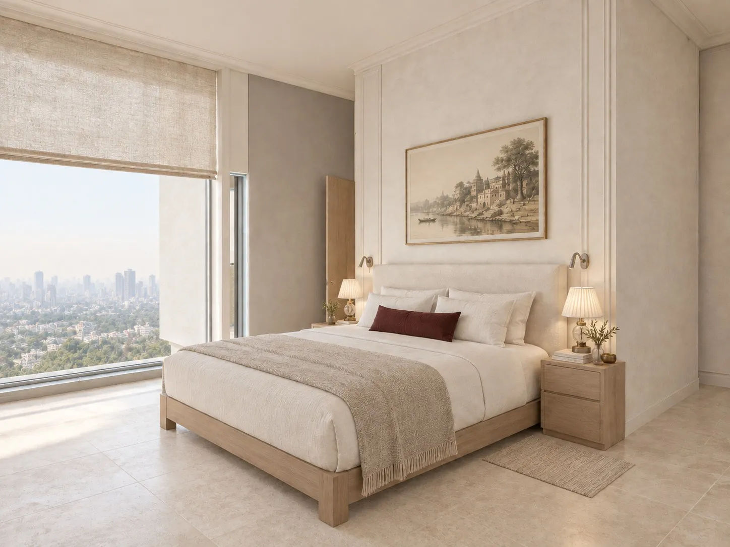 The same bedroom in a light classical palette with panelled walls and table lamps