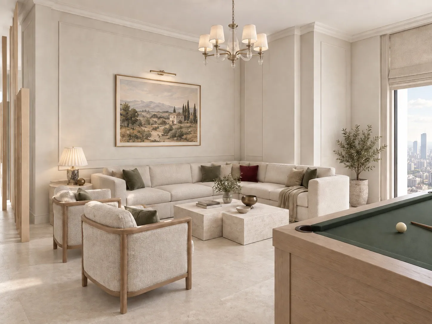 The same lounge in a light classical palette with a chandelier, cornice and table lamps