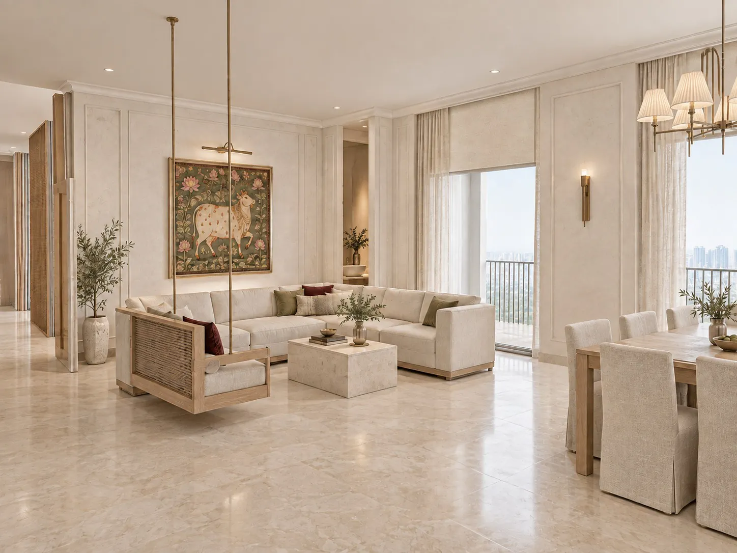 Second lounge and dining room in a classical palette with wall sconces and a framed artwork