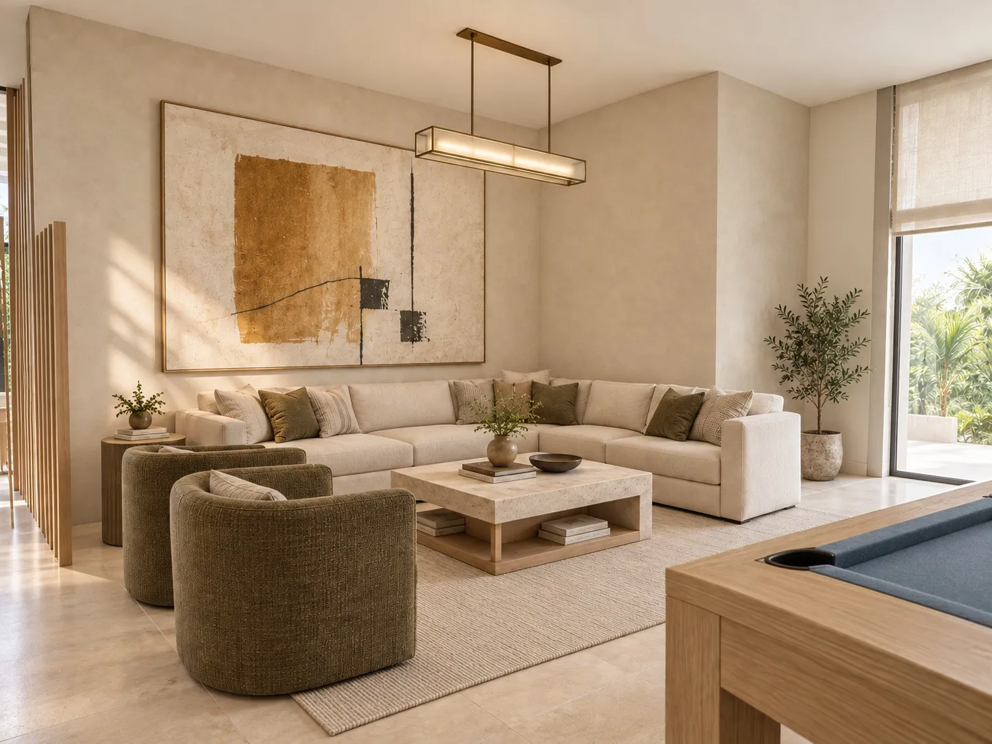 Main lounge in a pale modern palette with lime plaster walls and a linear bronze pendant