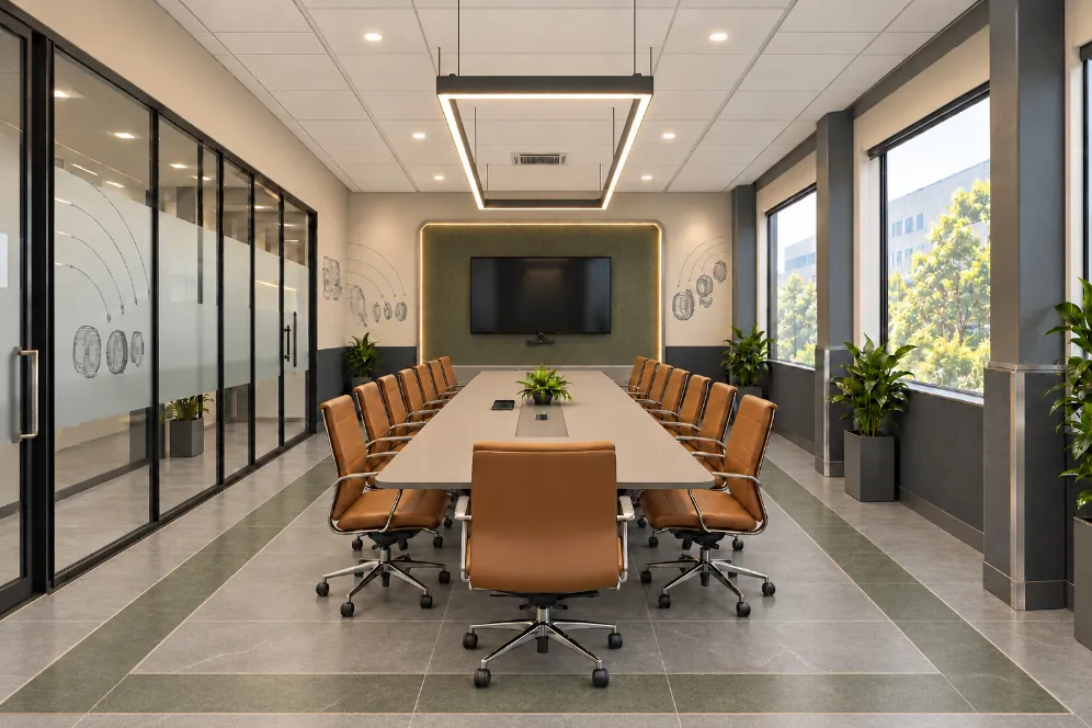 Boardroom with a long table in tan leather chairs, a backlit screen wall, frosted glass partition and windows onto trees