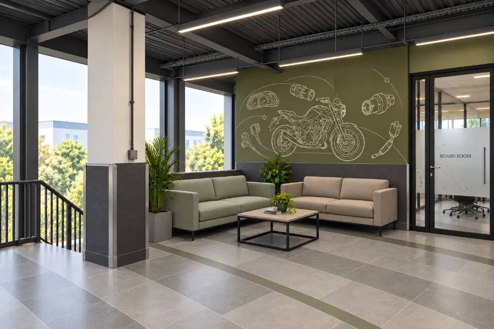 First-floor waiting area with green and beige sofas in front of an olive mural wall of engineering line drawings