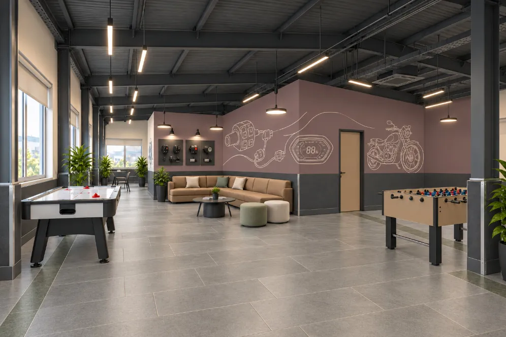 Informal discussion area with an L-shaped sofa, air hockey and foosball tables in front of a mauve mural wall