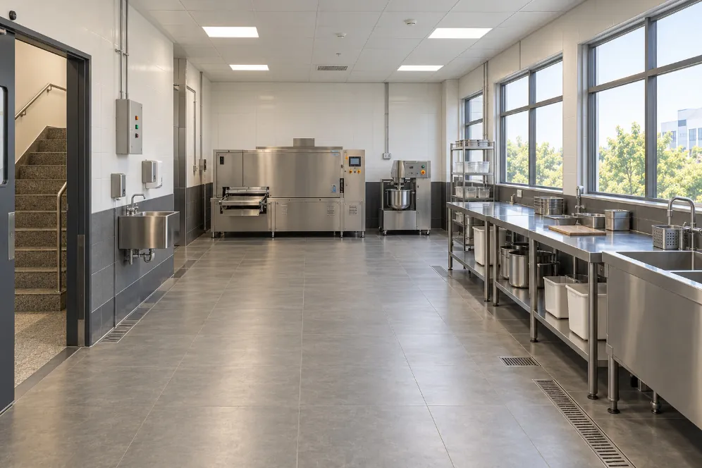 Stainless steel kitchen pre-preparation area with a chapati machine, dough kneader, worktops and floor drains