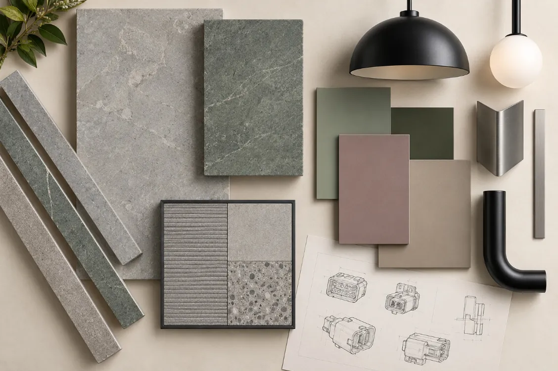 Material mood board with grey and green stone samples, sage, mauve and taupe laminates and black and satin metal trims