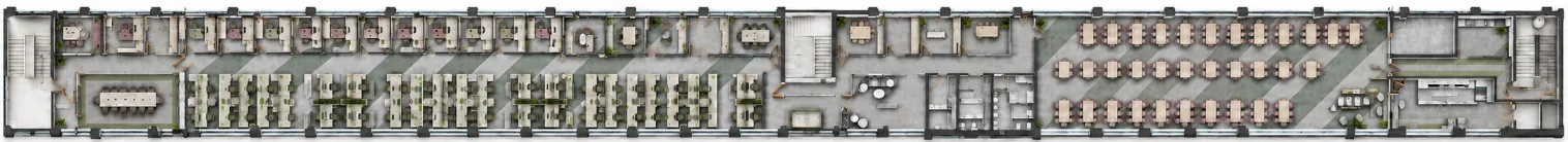 Rendered first-floor plan of a long narrow office: cabins along one wall, workstation banks, meeting rooms and a dining hall at one end