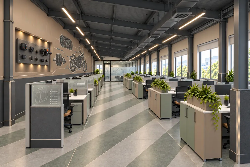 Long open-plan office with rows of workstations, planter-topped storage, striped grey and green floor and exposed steel roof