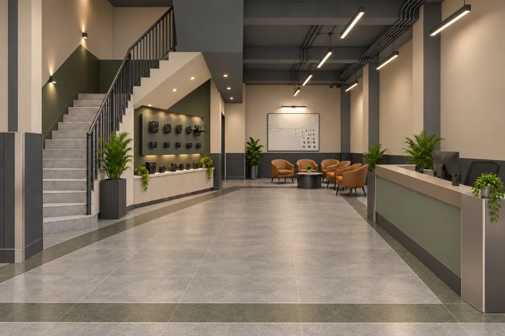 Ground-floor office reception with a sage-fronted desk, a lit product display wall under the stair and tan lounge armchairs