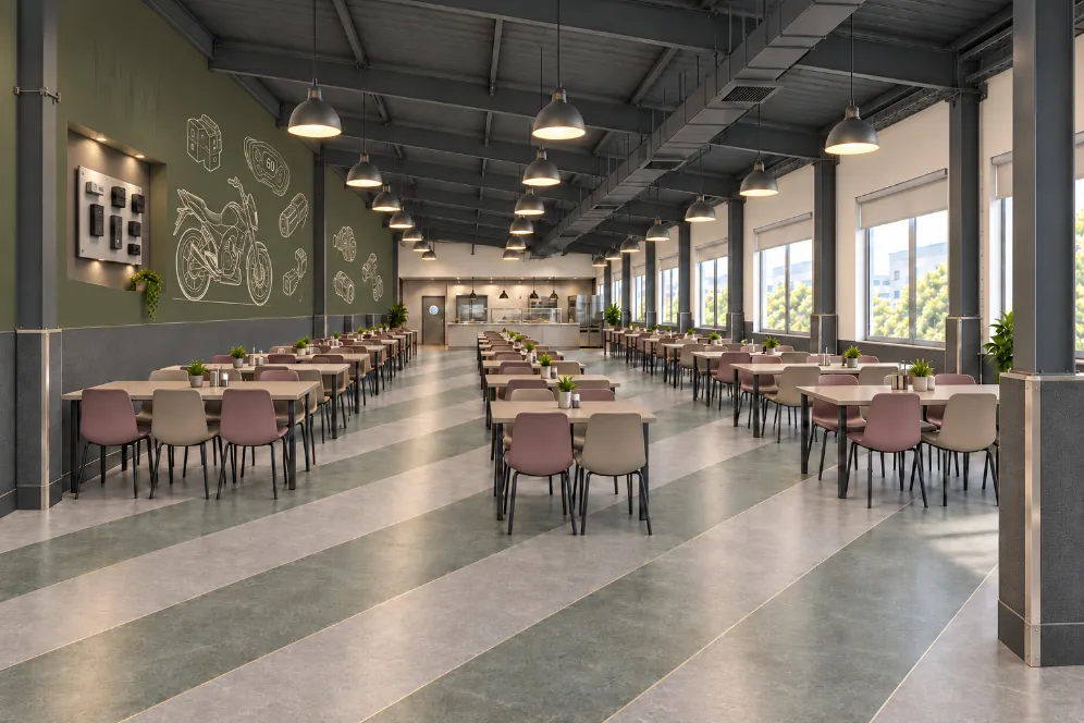 Long staff dining hall with rows of four-seat tables in mauve and beige chairs under pendant lights and an exposed steel roof