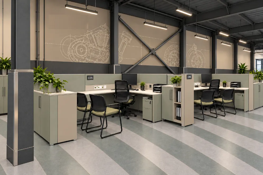 Two-person team cubicles with sage panels and visitor chairs below a mural of engine line drawings