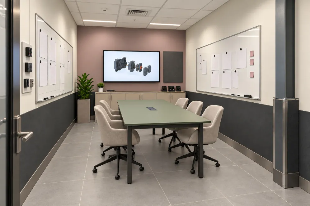 War room with a sage table for six, whiteboards on both side walls and a screen on a mauve wall