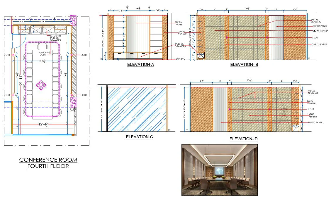 Conference room drawing sheet with a furniture plan and four wall elevations