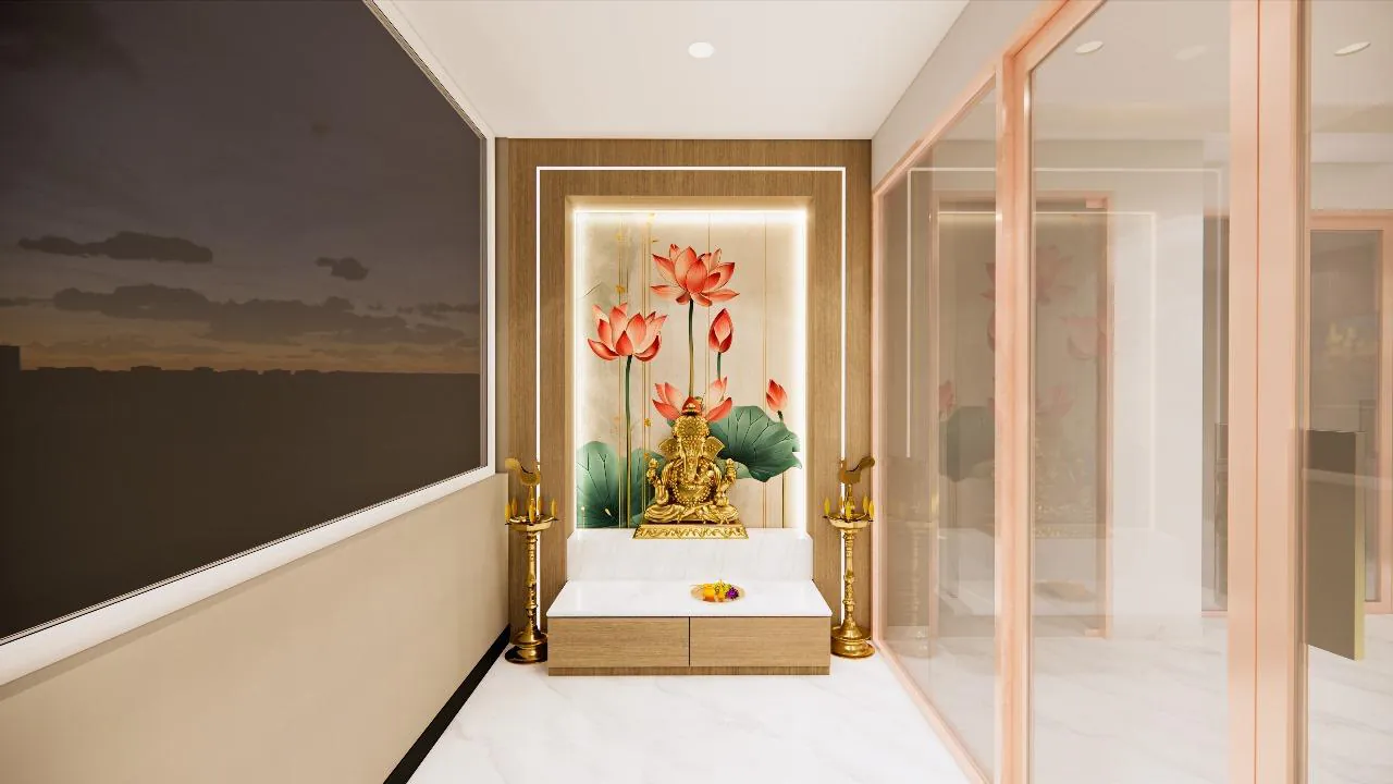 Office pooja room with a backlit niche, lotus artwork and a stone platform