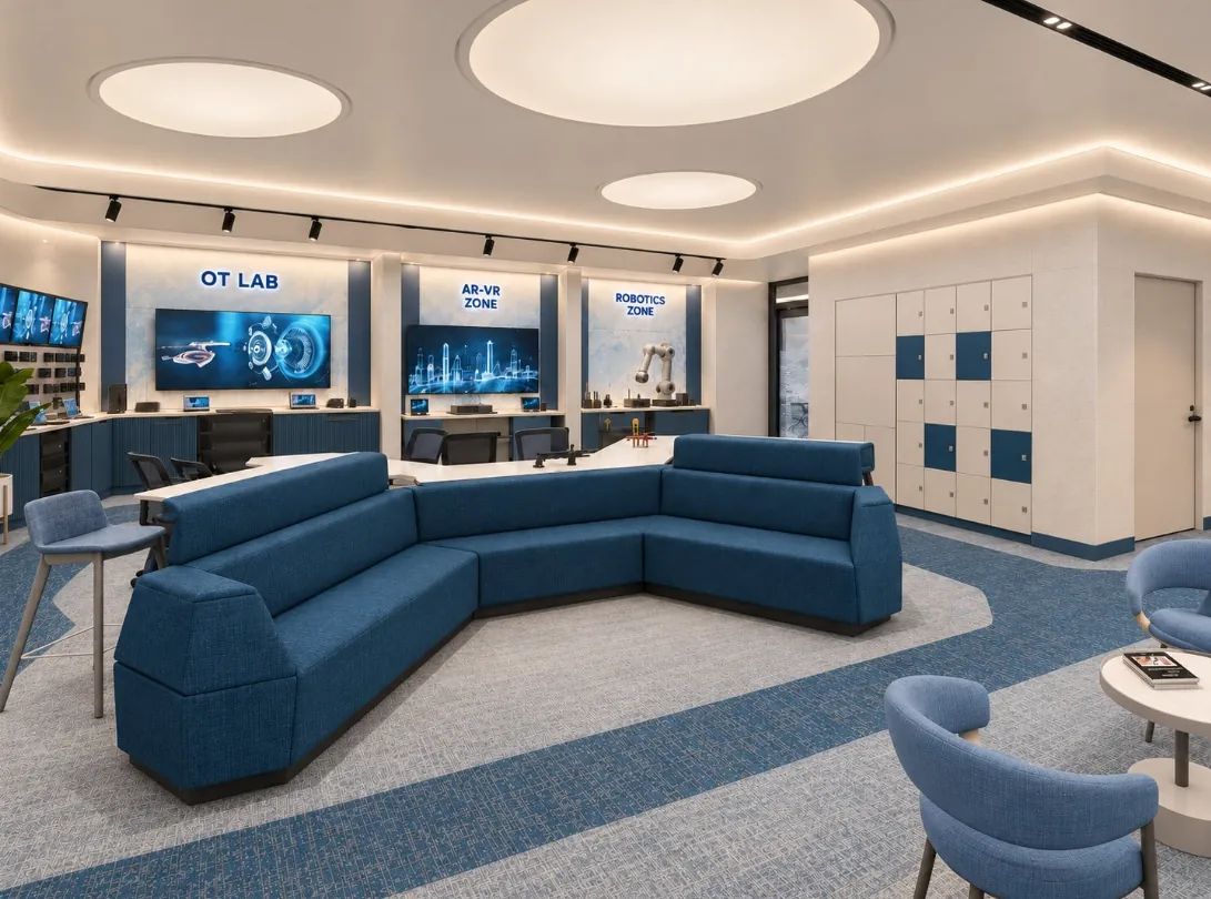 Bright central showcase with a blue sectional sofa, a white experience table and demonstration bays for an OT lab, AR-VR and robotics
