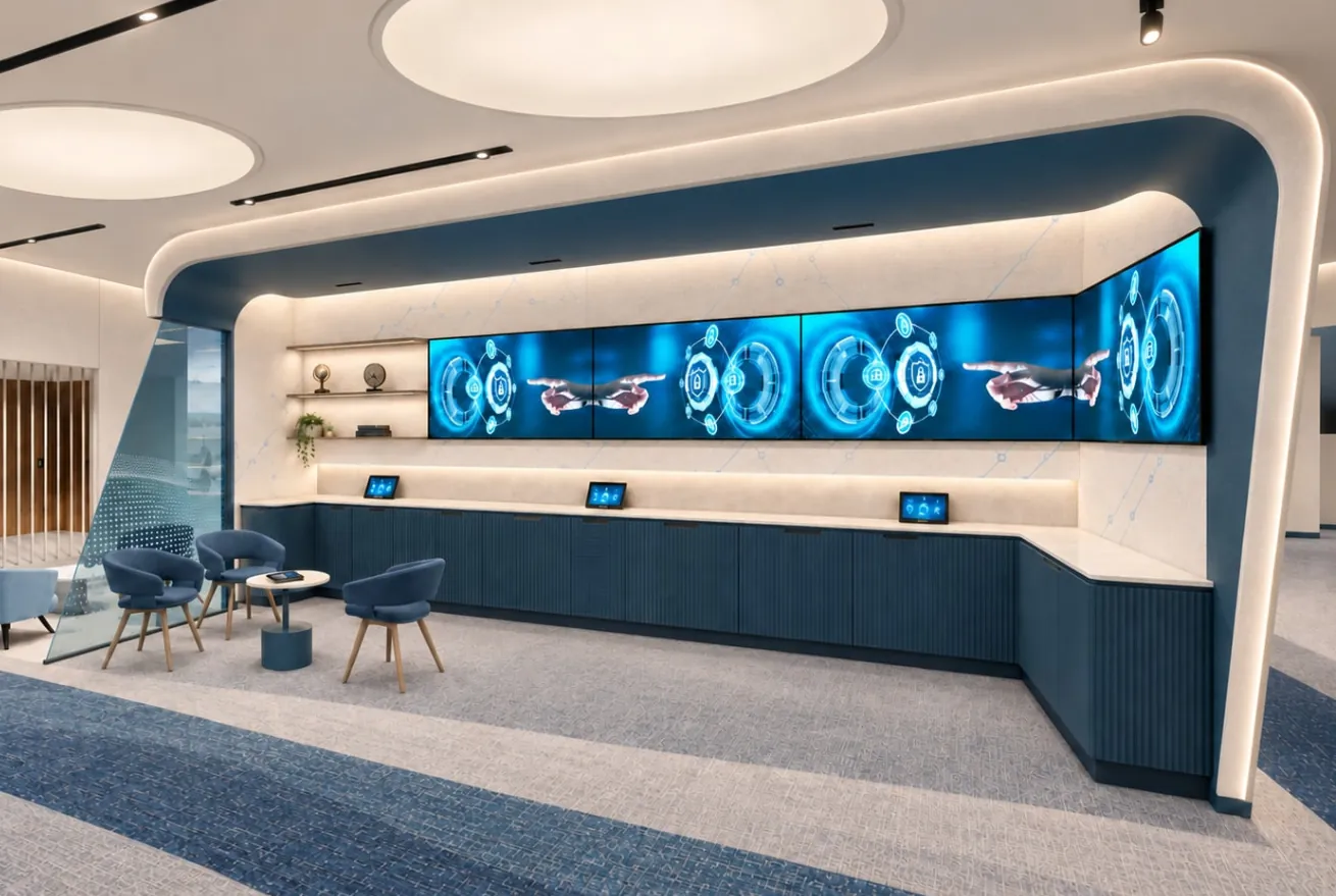 Curved petrol-blue canopy framing a wide media wall over a fluted counter with tablets, and lounge chairs in front