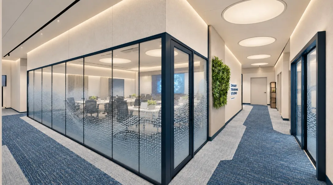 Carpeted passage beside the glazed corner of a training studio, with a green wall panel and petrol-blue door frames