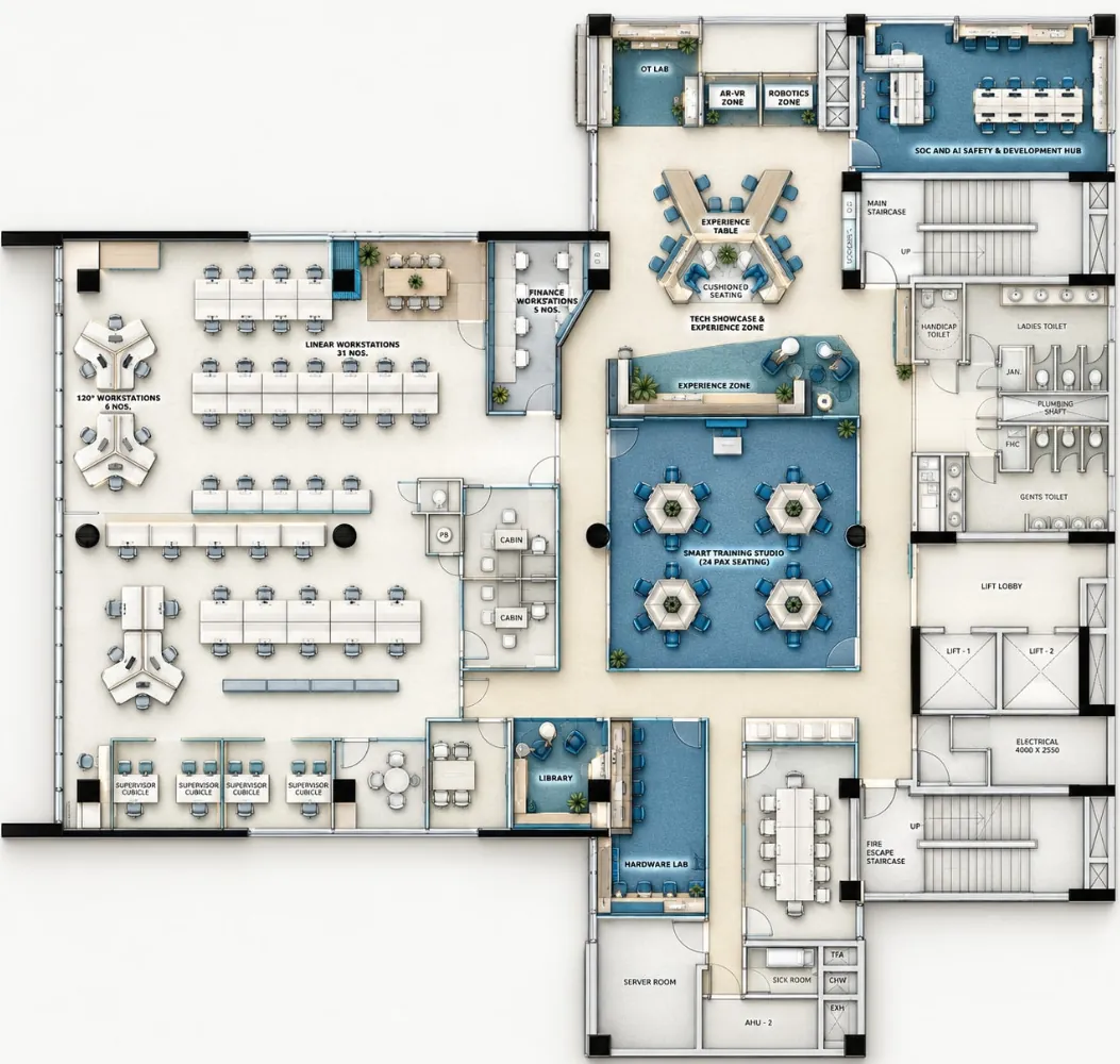 Rendered top-down plan of a technology experience centre: labs along the top, a central showcase and training studio, workstations to the left
