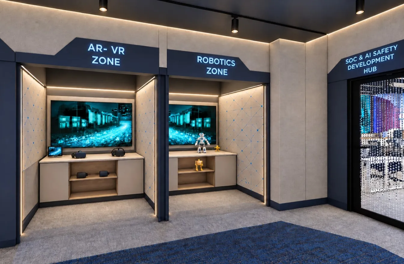 Two lit demonstration booths for AR-VR and robotics with screens and display counters, beside the glazed door to a SOC hub