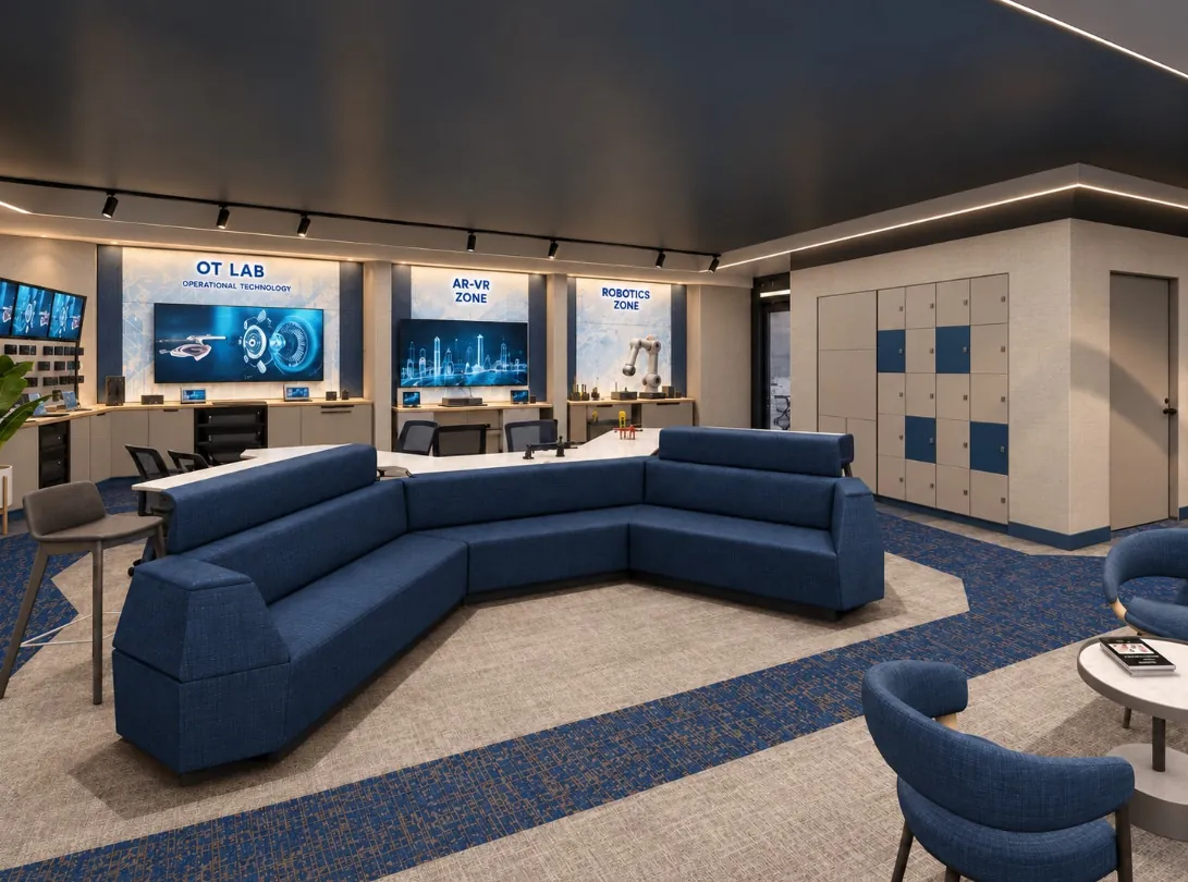 Central showcase with a charcoal ceiling and track spotlights, an ink-blue sofa and demonstration bays on a blue and sand carpet