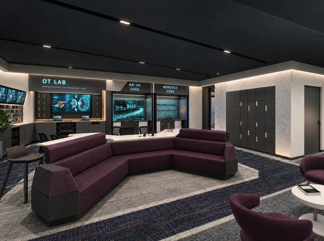 Dark cinematic showcase with a plum and charcoal sofa, graphite lockers and backlit demonstration bays