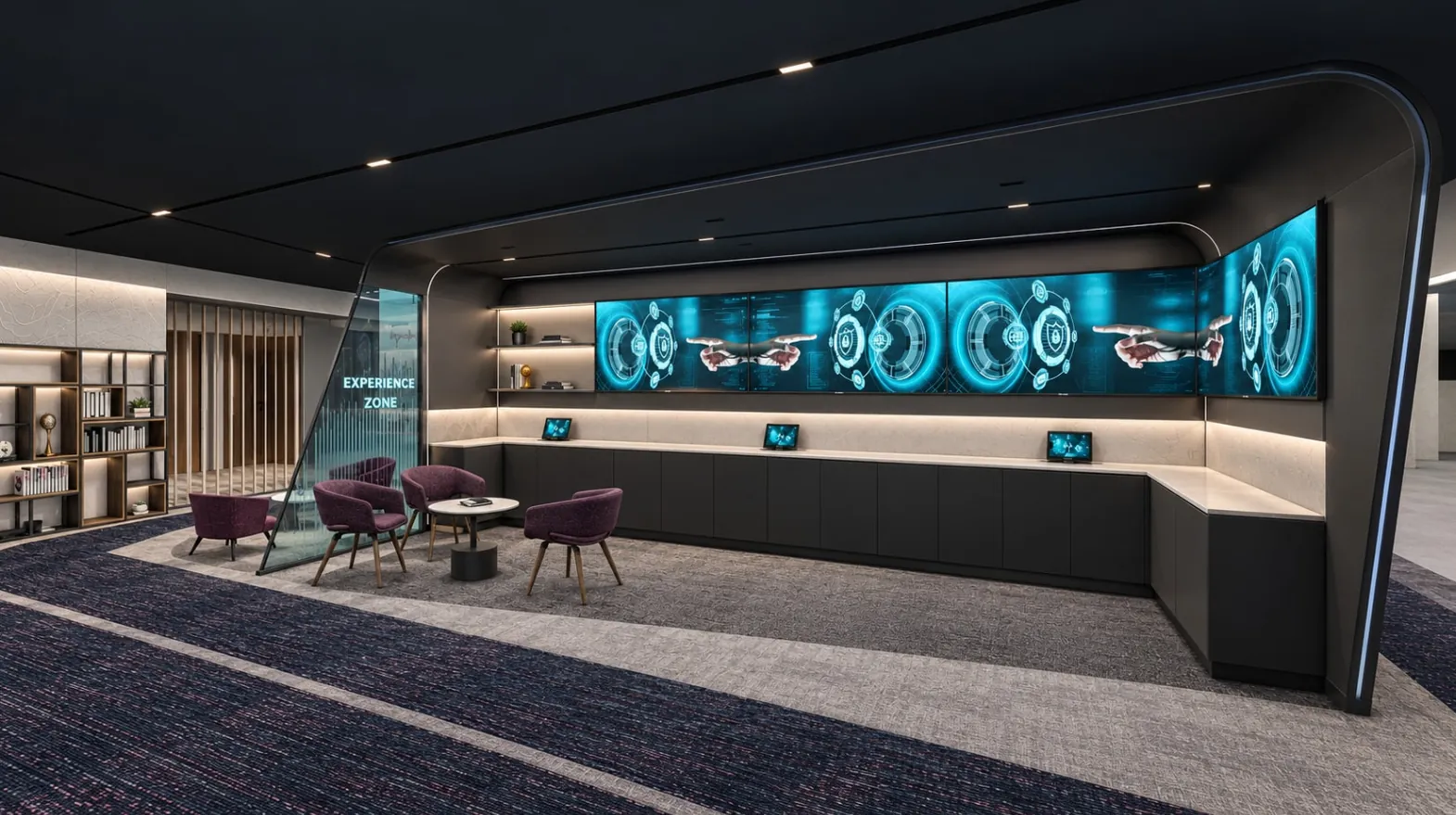 Black curved canopy over a wide cyan media wall and charcoal counter, with plum lounge chairs and an angled glass sign panel