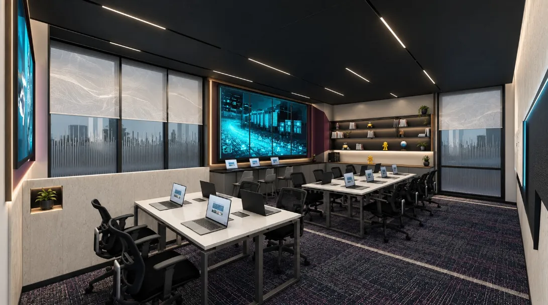 SOC and development hub with rows of white desks and laptops, a large video wall and roller blinds over the windows
