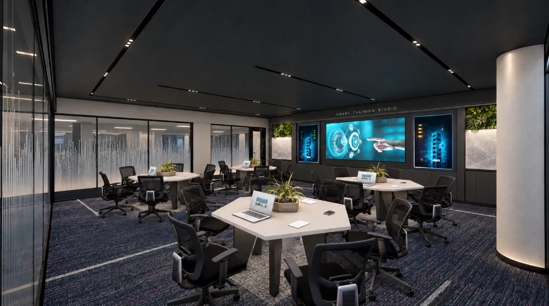 Training studio with hexagonal six-seat tables, a charcoal ceiling, a front media wall and glazed walls with linear film