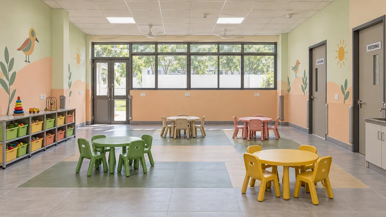 Daycare room with small round tables and chairs, toy shelves, painted bird and plant murals and a glazed door