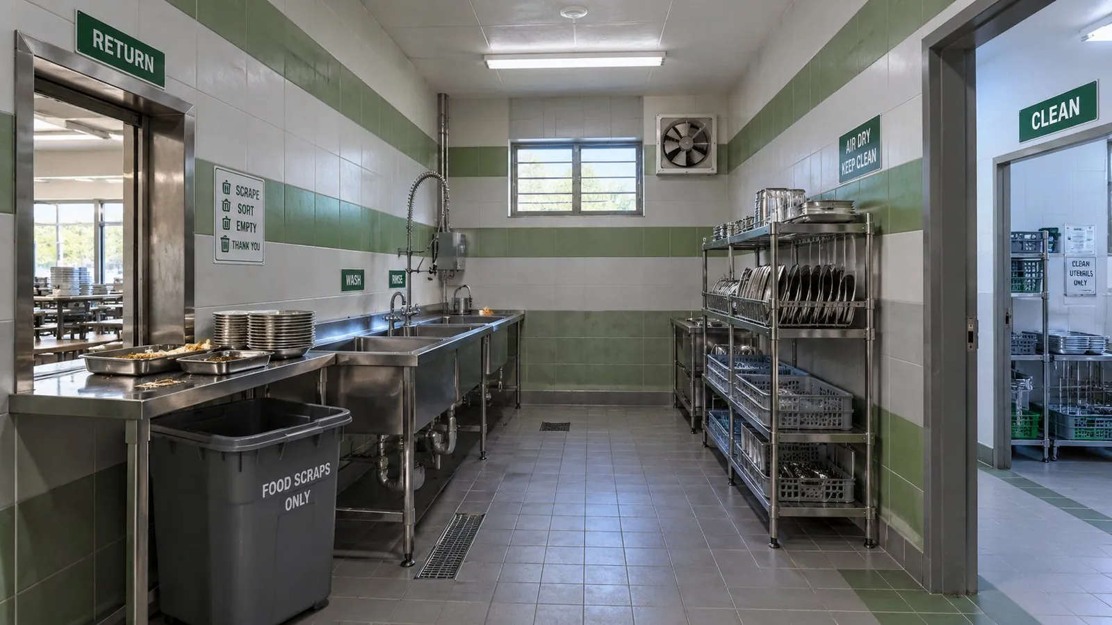 Dish-return room with a return hatch, a food-scraps bin, a three-bowl sink with spray rinse and drying racks